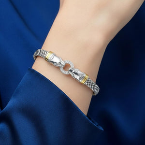 Elegant 925 Sterling Silver Two-Tone Jaguar Bracelet with Simulated Diamonds - Unisex, 7.5 Inches.