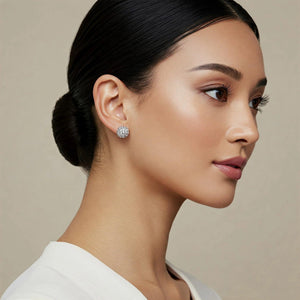 Elegant Sterling Silver Half Ball Stud Earrings with Sparkling Simulated Diamonds.