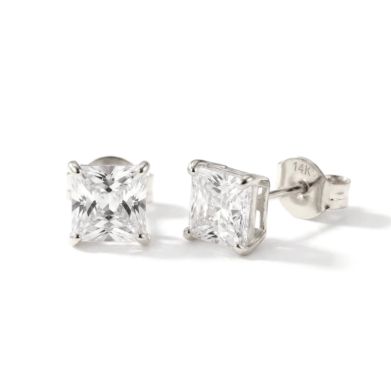 14K White Gold Square Zirconia Stud Earrings with Butterfly Pushbacks, Unisex Design, Princess Cut Studs