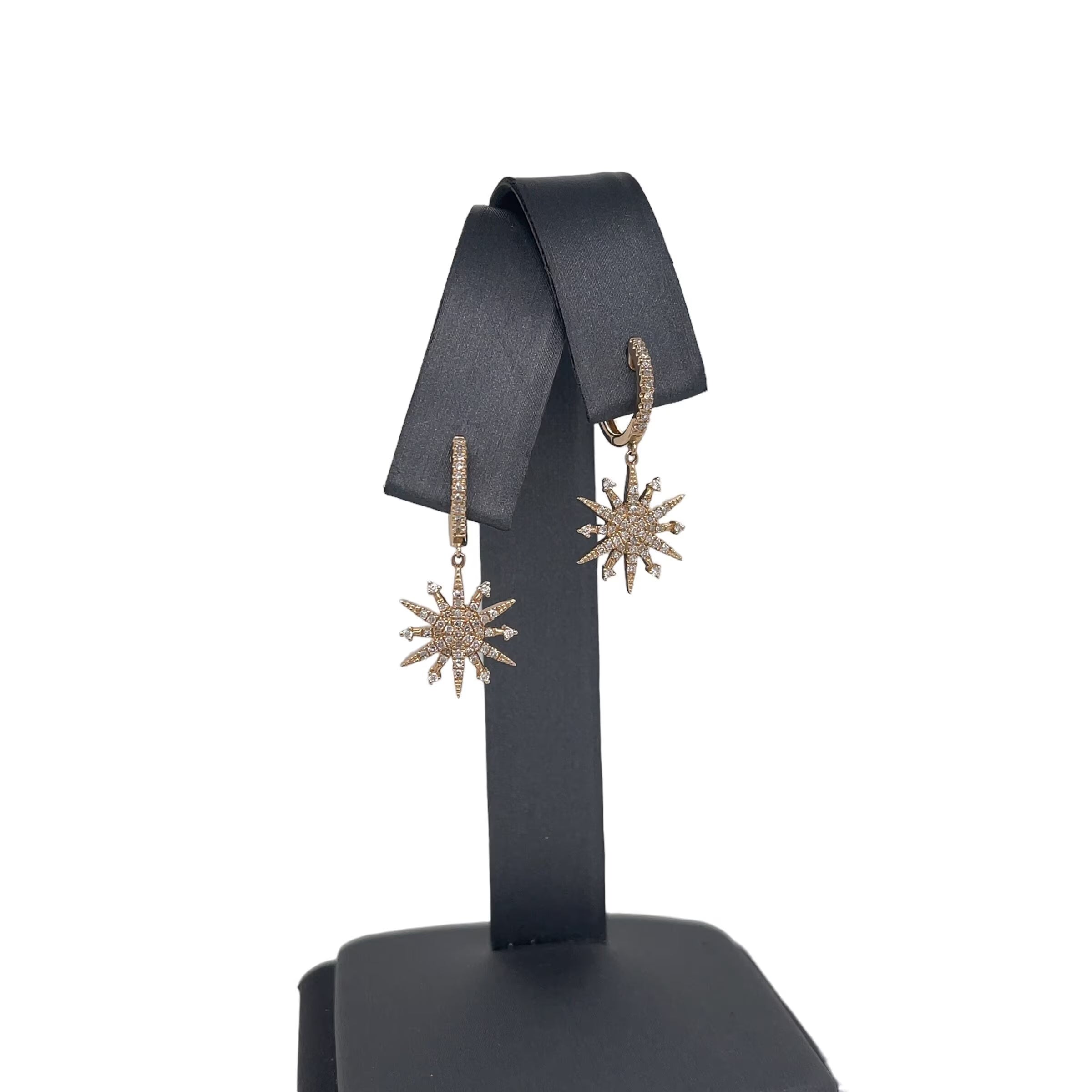 14K Yellow Gold Diamond Starburst Dangle Huggie Earrings