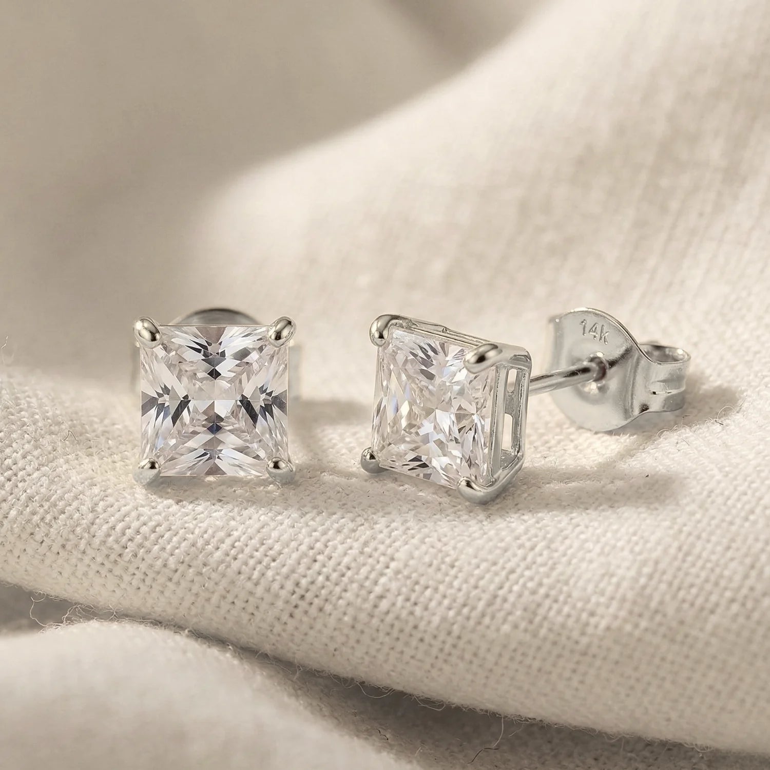 14K White Gold Square Zirconia Stud Earrings with Butterfly Pushbacks, Unisex Design, Princess Cut Studs