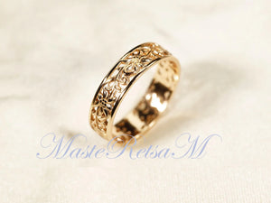 ZP160- Handmade Sterling Silver Openwork Pattern Floral Ring: 18K Gold Vermeil Vintage Band