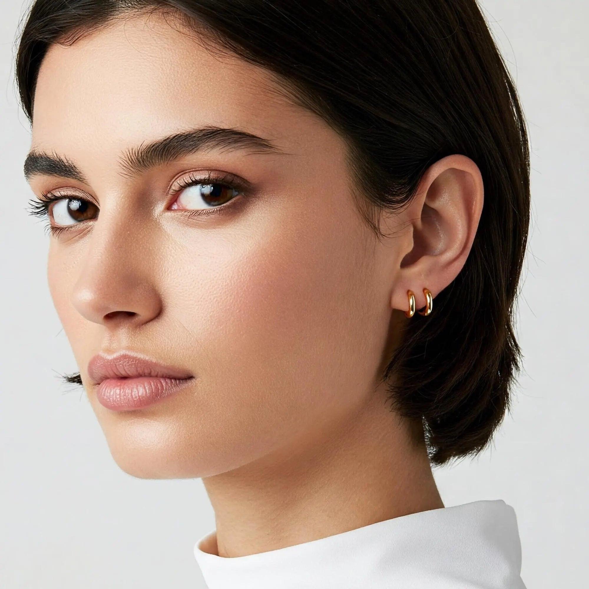 Elegant 14K Yellow Gold Handmade Small 12mm Shiny Huggie Hoop Earrings.
