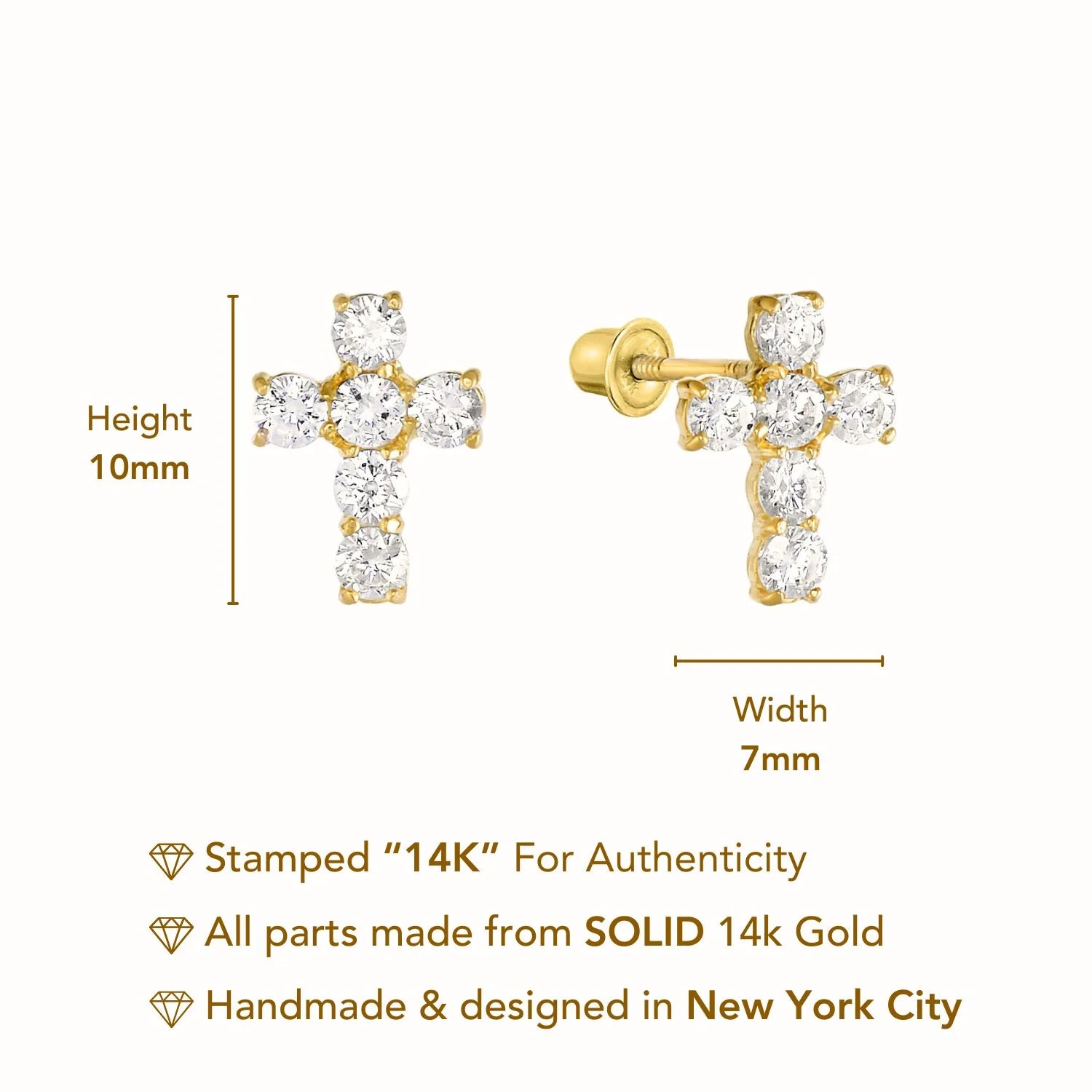 14K Gold CZ Cross Stud Earrings with Screwbacks