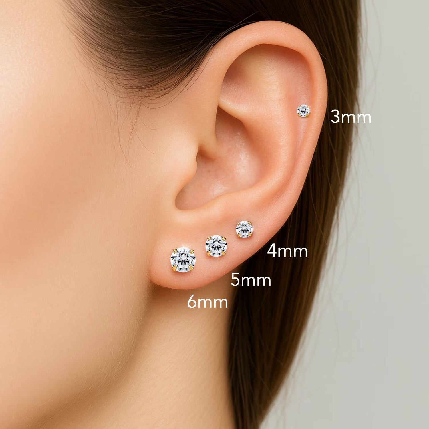 14K Solid Yellow Gold Basket Set round CZ Stud Earrings, Push Back Simulated Diamond Studs, Sleeper Cz Studs, Unisex, by TILO Jewelry