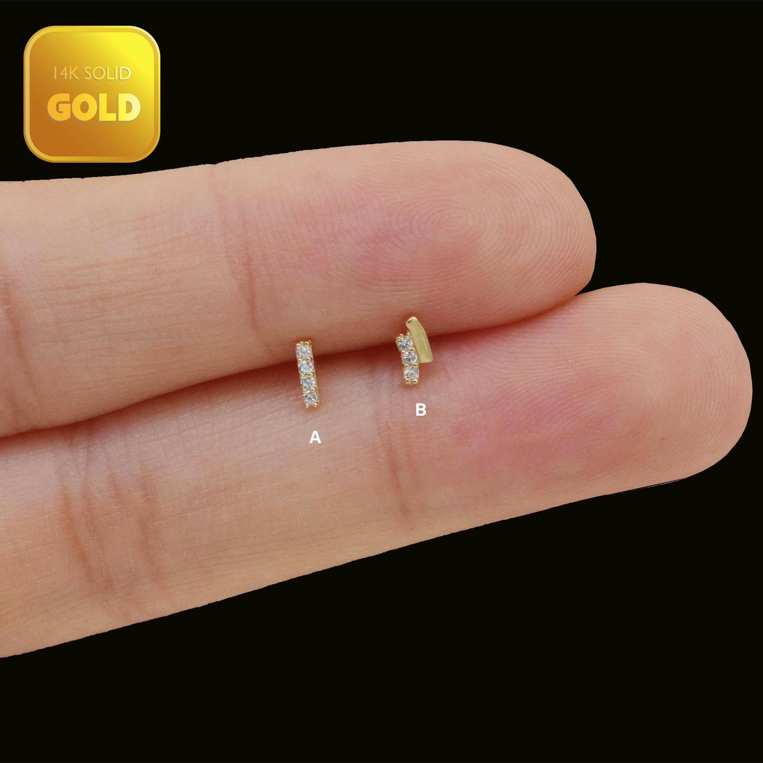 14K Solid Gold Curved Bar Cartilage Stud Earring - Flat Back Rectangle Design for Helix, Conch, Tragus & Labret.