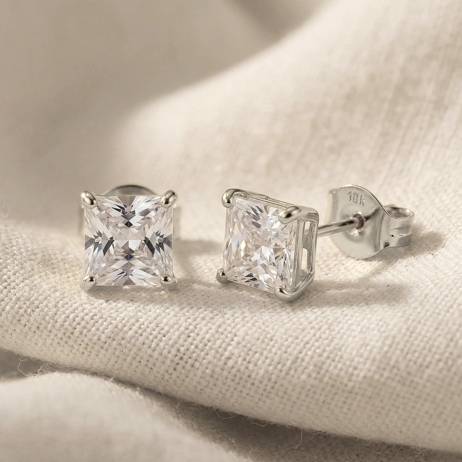 10K White Gold Princess-Cut Square CZ Studs, Pushback