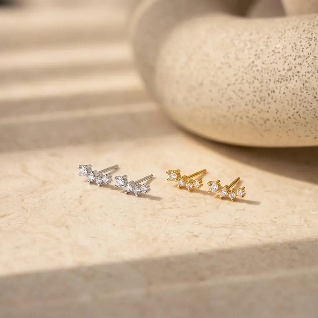 Dainty Ear Climber Earrings • CZ Diamond Curved Studs • 18K Gold Sterling Silver • Minimalist Crawler Earrings • Gift for Her, JE04