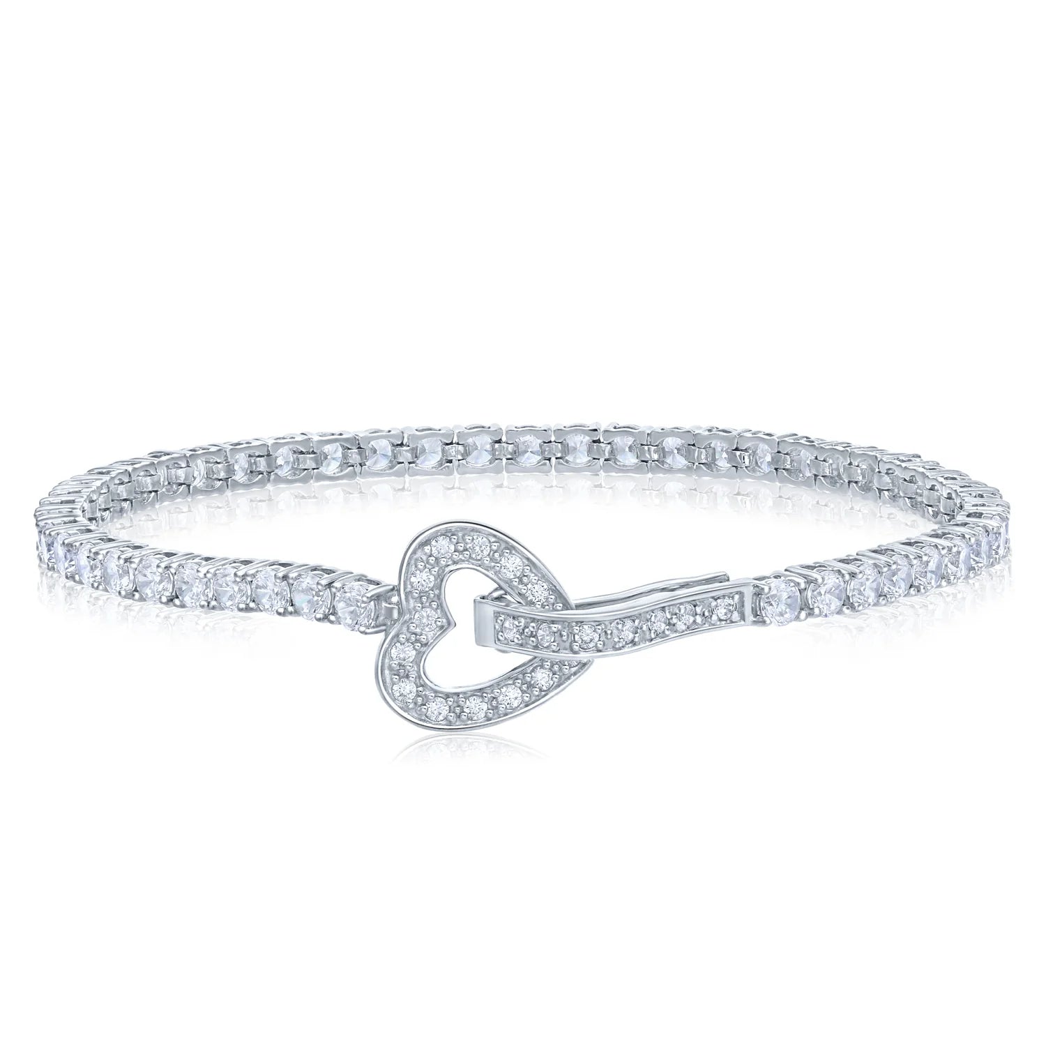 Sterling Silver Heart Tennis Bracelet with Brilliant Cubic Zirconia Stones, 7 Inch