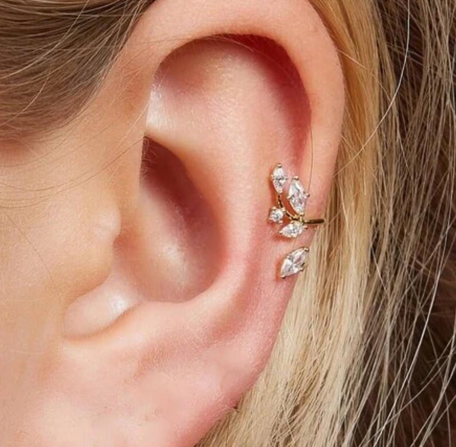 14K Gold Leaf Ear Cuff Diamond & Moissanite, No Piercing