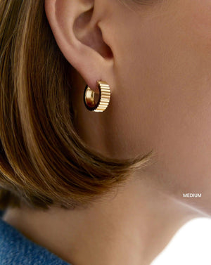 Elegant Wide Gold Fluted Hoop Earrings.
