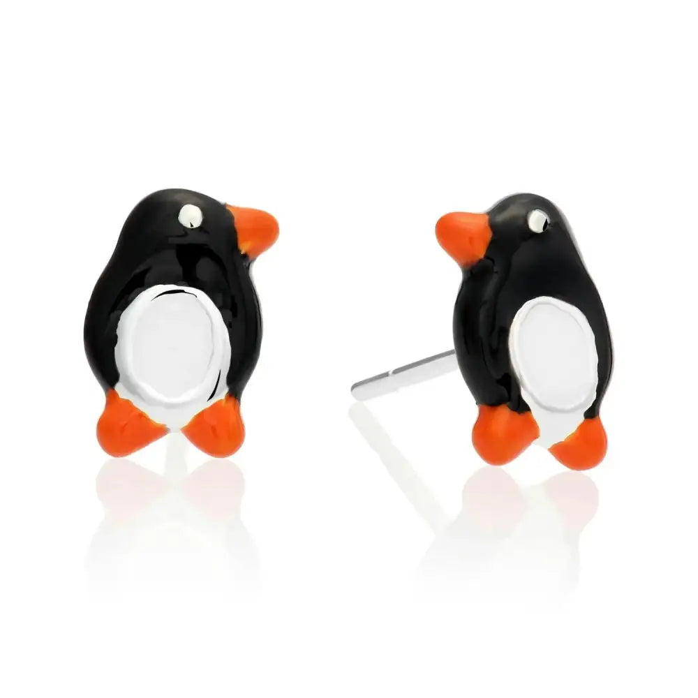 Adorable 925 Sterling Silver Penguin Enamel Stud Earrings - Pushback Design.