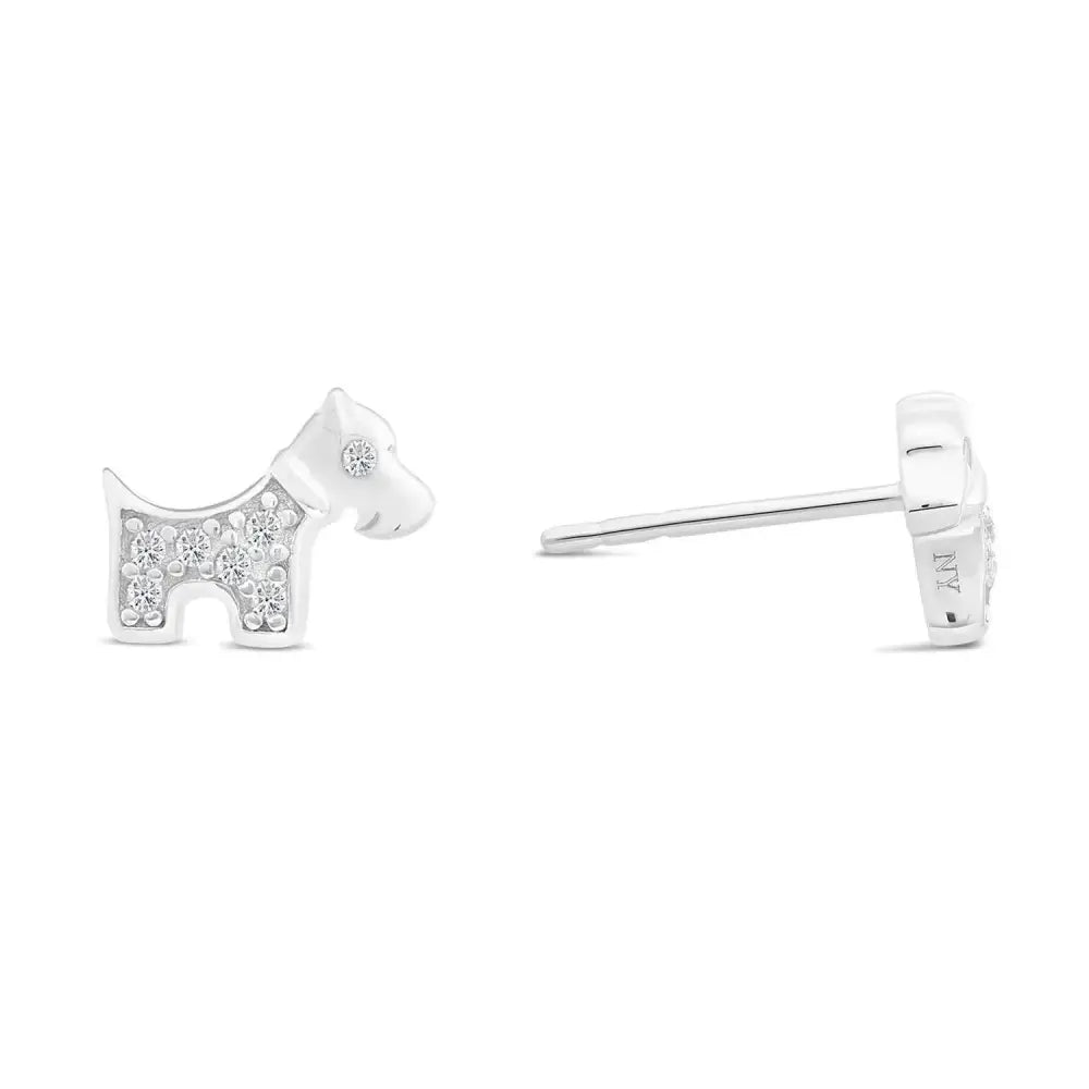 Adorable Sterling Silver CZ Tiny Puppy Dog Stud Earrings.