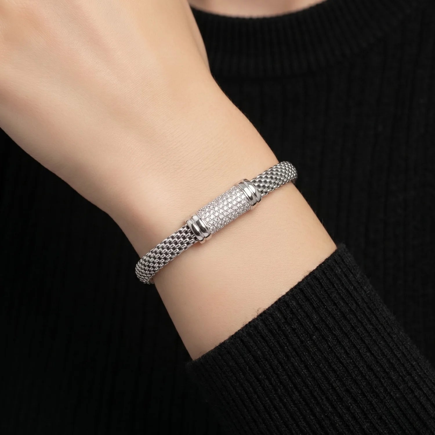 Sterling Silver Italian CZ Bar Bracelet, Handmade with a Secure Lobster Lock, (7.5")