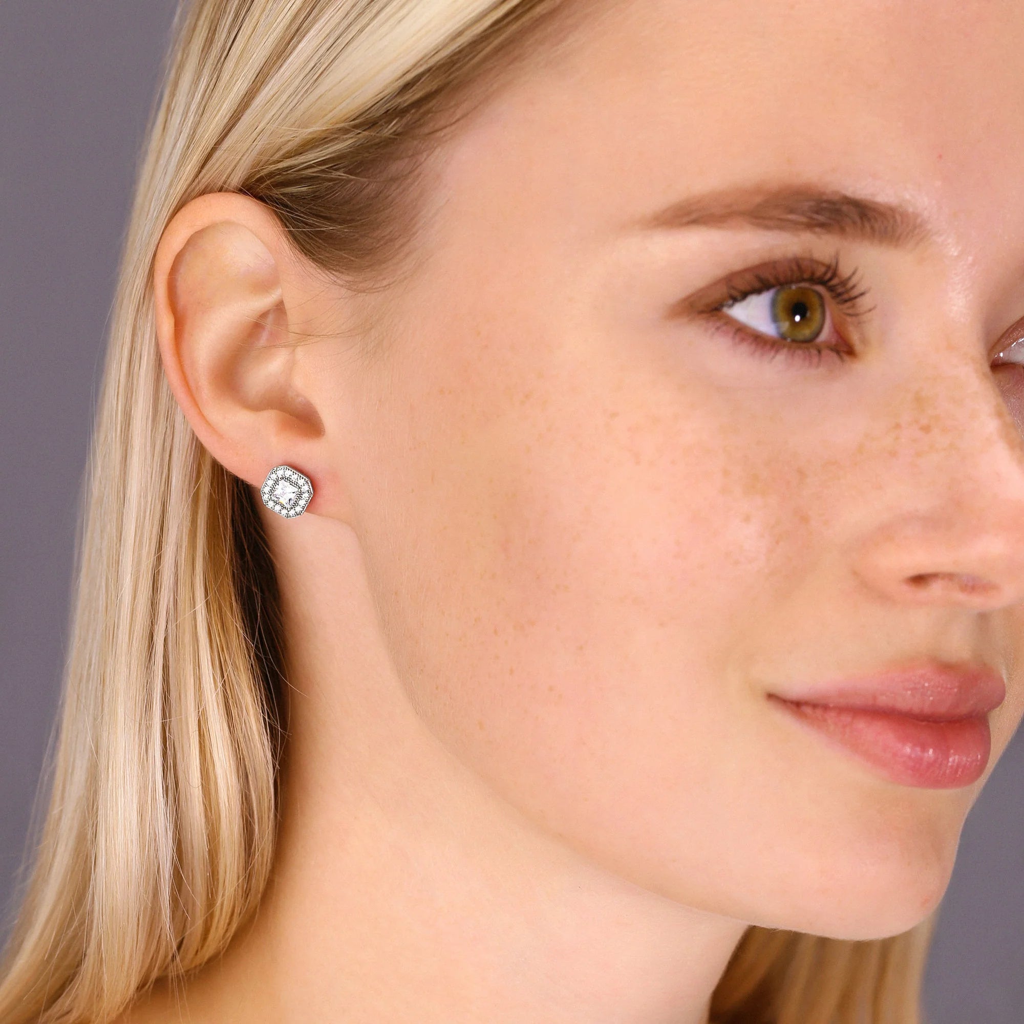 CZ Cushion Cut Halo Stud Earrings in Sterling Silver