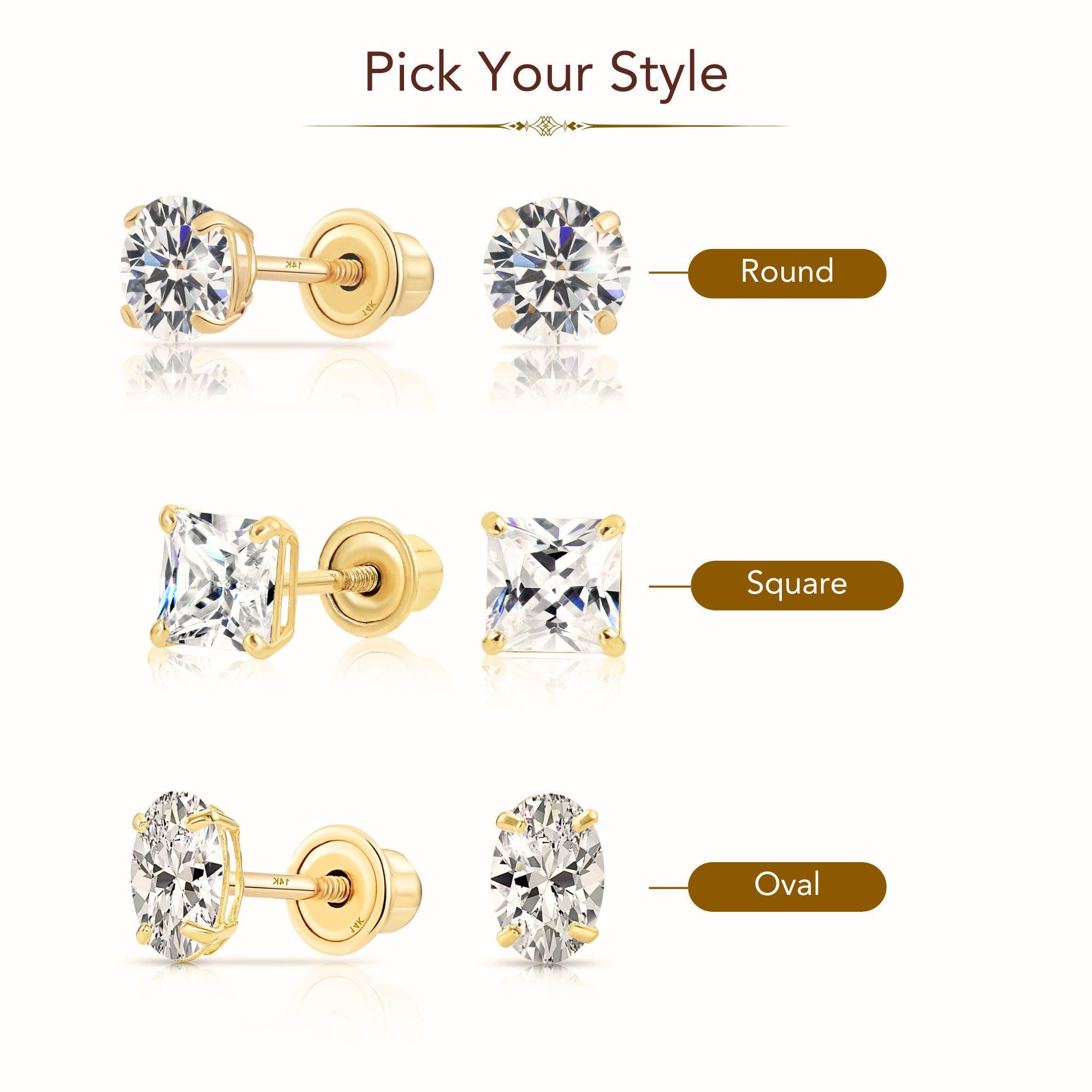 14K Gold Stud Earrings, round Brilliant-Cut, Square Princess-Cut, Oval-Cut, Sparkling CZ Studs, with Screw Backings, Unisex, by TILO Jewelry