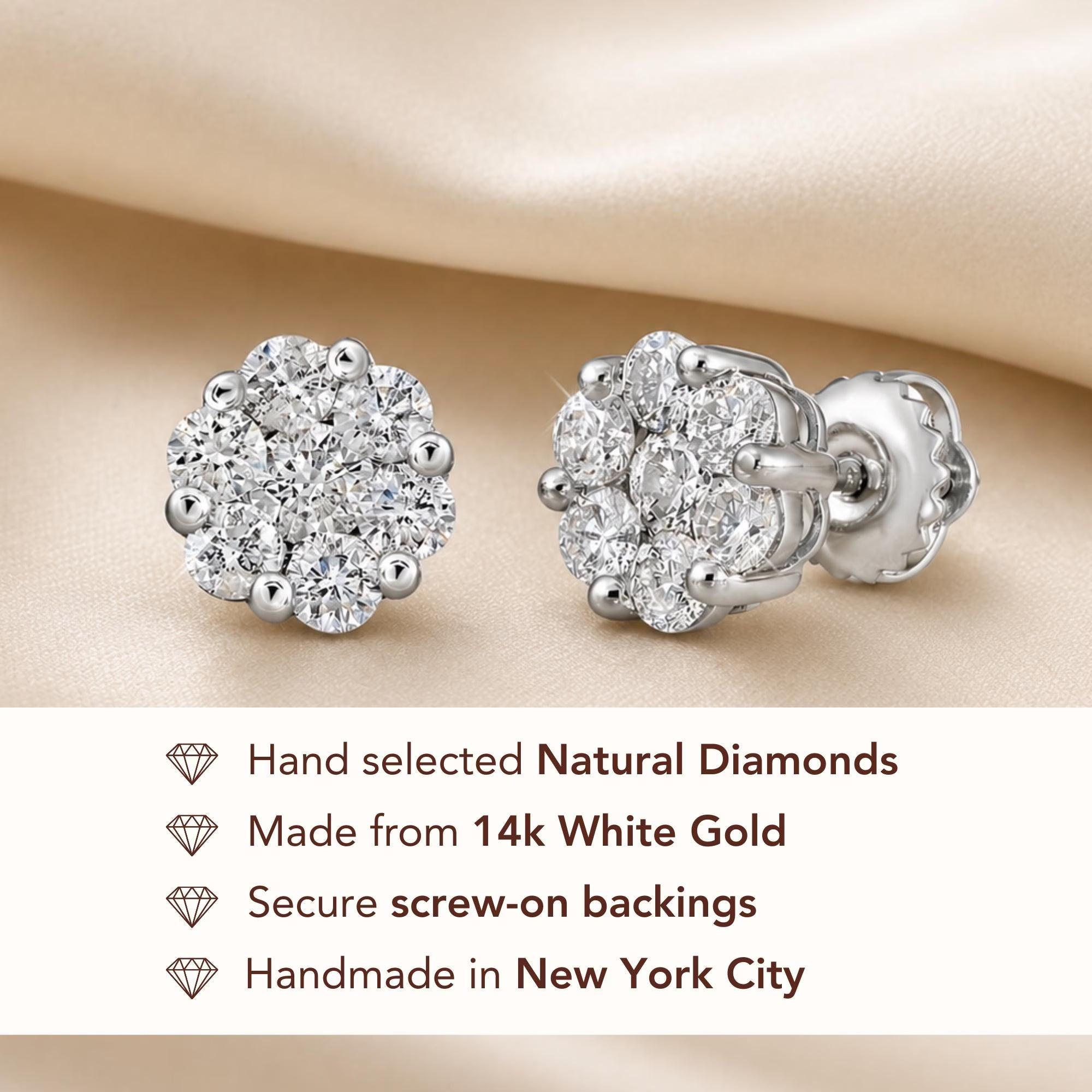 Stunning 14K White Gold Diamond Cluster Unisex Stud Earrings with Secure Screw Backs.