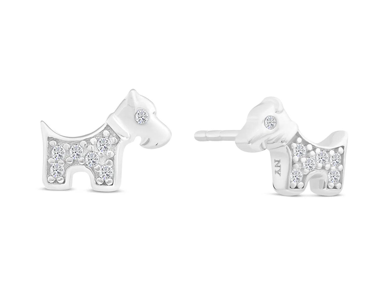 Adorable Sterling Silver CZ Tiny Puppy Dog Stud Earrings.