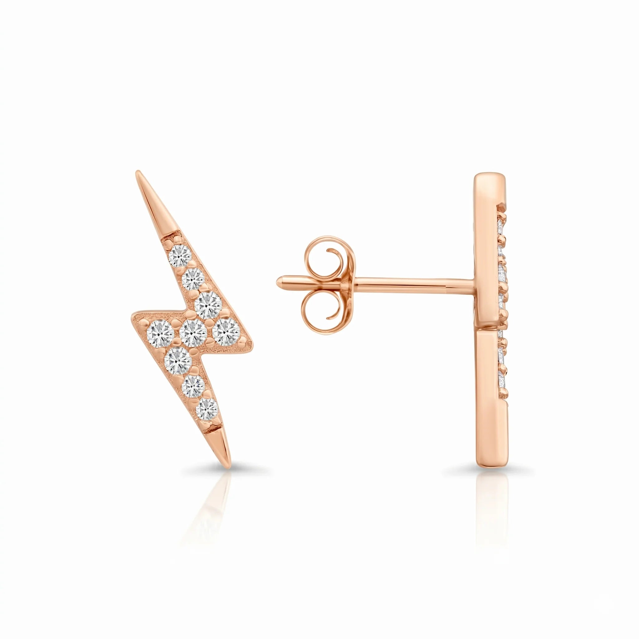 Sterling Silver Rose Gold Plated Lightning Bolt CZ Stud Earrings, Pushback