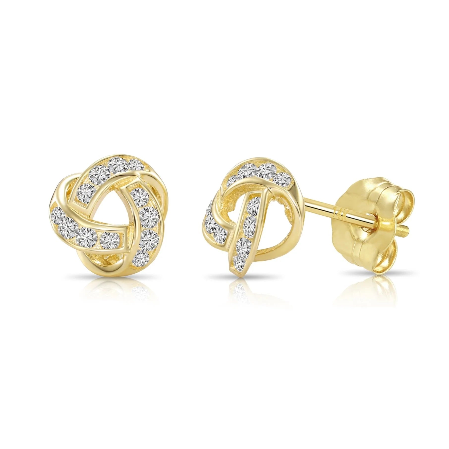 Solid 14K Gold Brilliant CZ Love Knot Twist Studs, 7Mm, with Pushbacks