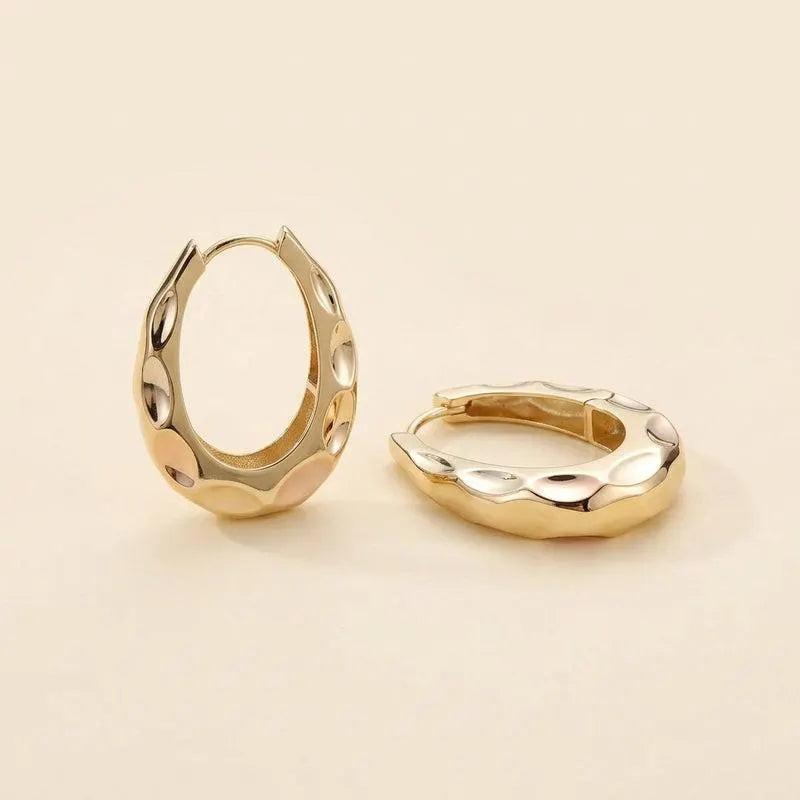 Chic 14K Solid Gold Textured Oval Hoop Earrings - Stylish Chunky Huggies for Women.