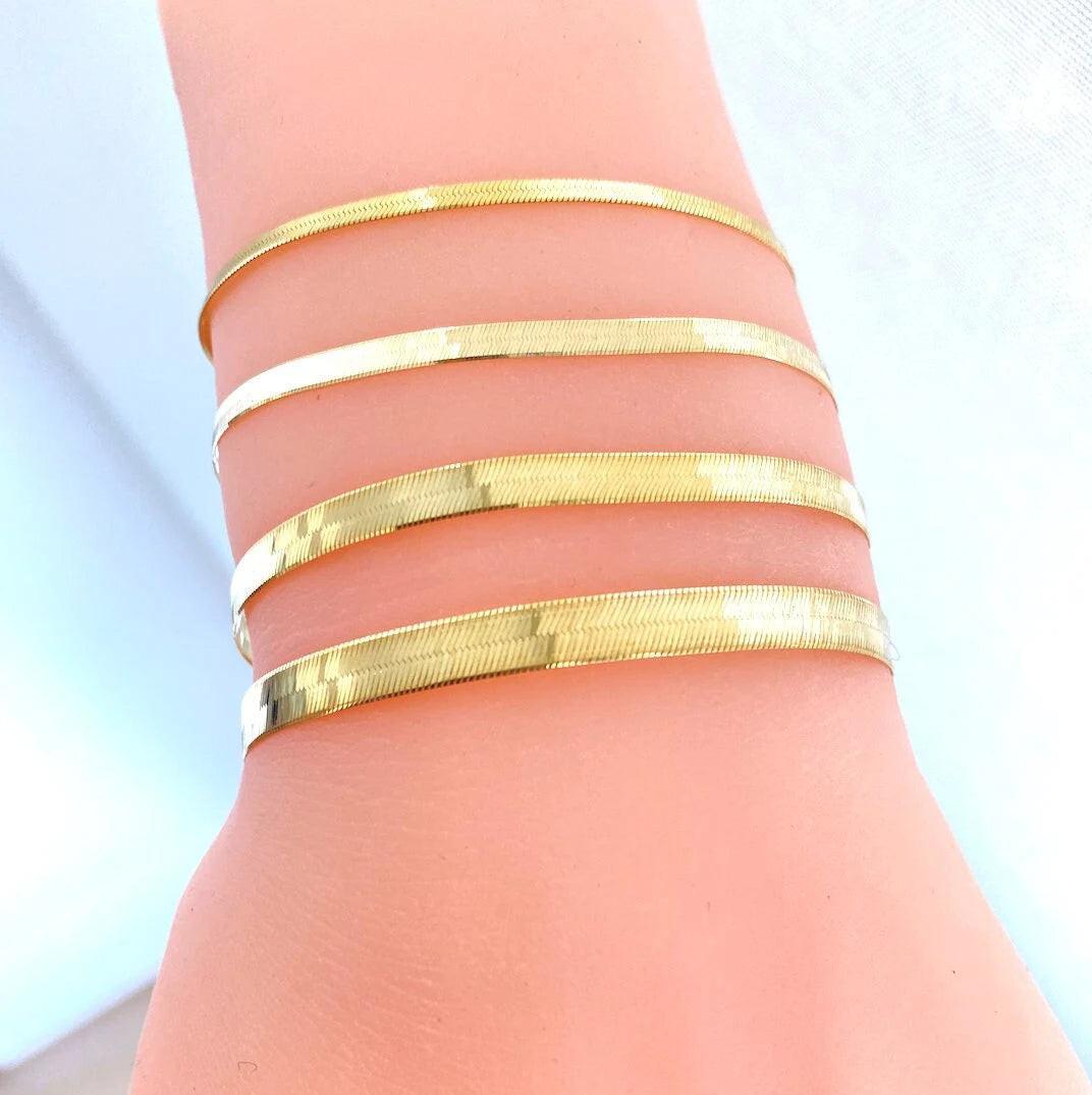 Stunning 14K Solid Gold Herringbone Bracelet - Stylish Flat Liquid Link Chain, Adjustable 6.5-9 Inch Stackable Design.