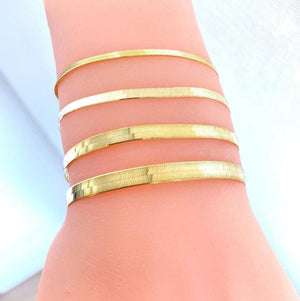 Stunning 14K Solid Gold Herringbone Bracelet - Stylish Flat Liquid Link Chain, Adjustable 6.5-9 Inch Stackable Design.