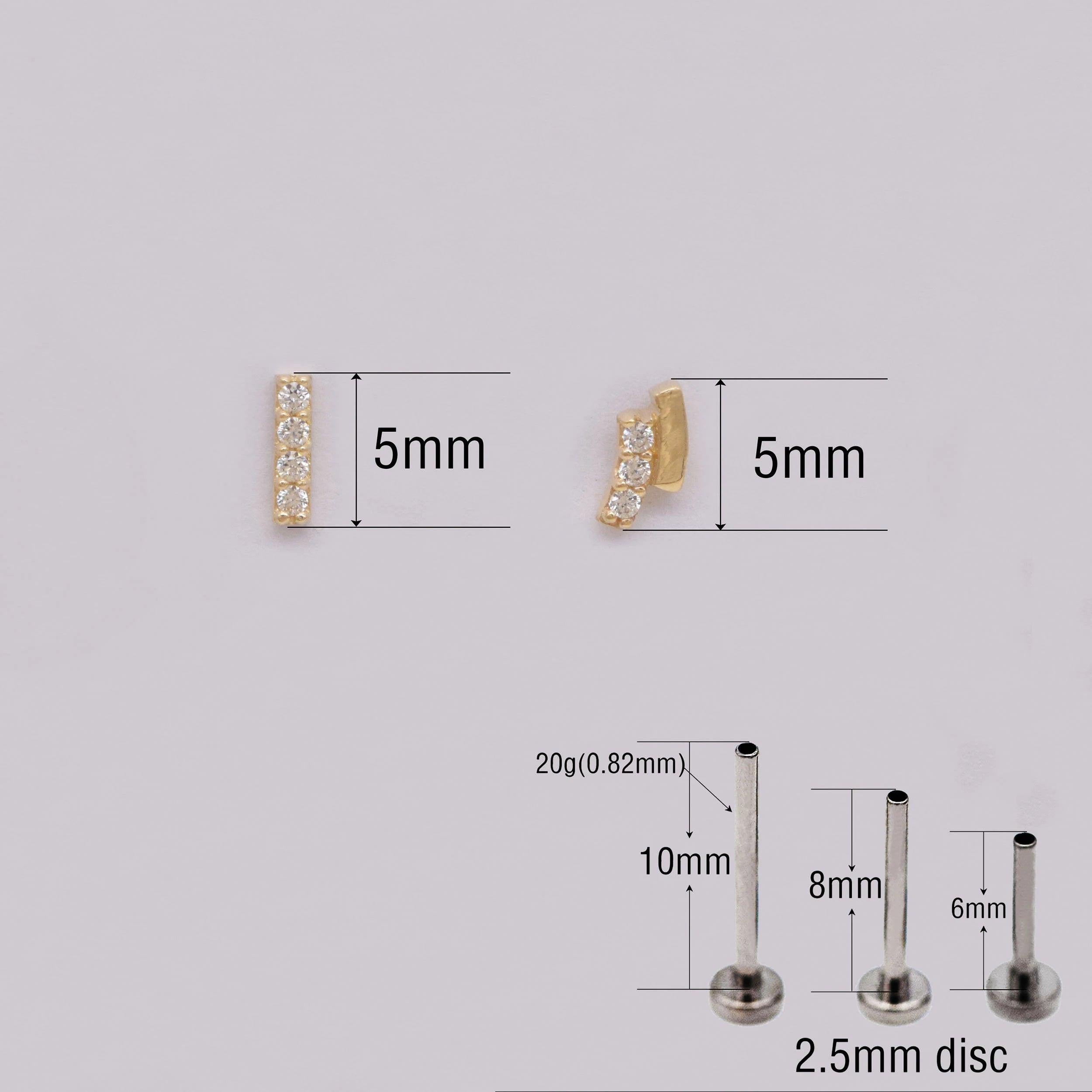 14K Solid Gold Curved Bar Cartilage Stud Earring - Flat Back Rectangle Design for Helix, Conch, Tragus & Labret.