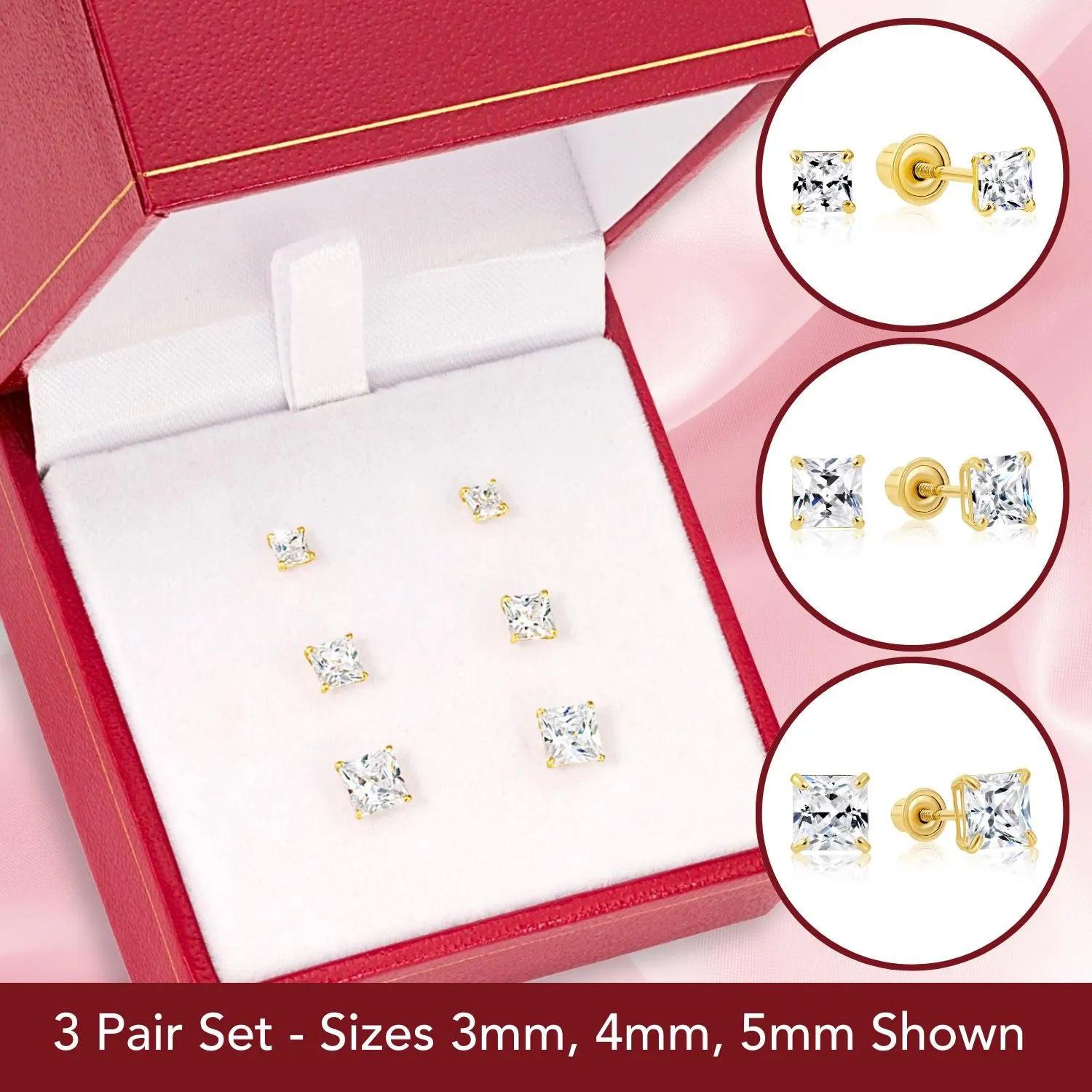 Elegant Set of 3! Solid 14K Gold Square Stud Earrings with Princess Cut Cubic Zirconia - Yellow & White Gold Screw-Backs.