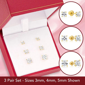 Elegant Set of 3! Solid 14K Gold Square Stud Earrings with Princess Cut Cubic Zirconia - Yellow & White Gold Screw-Backs.