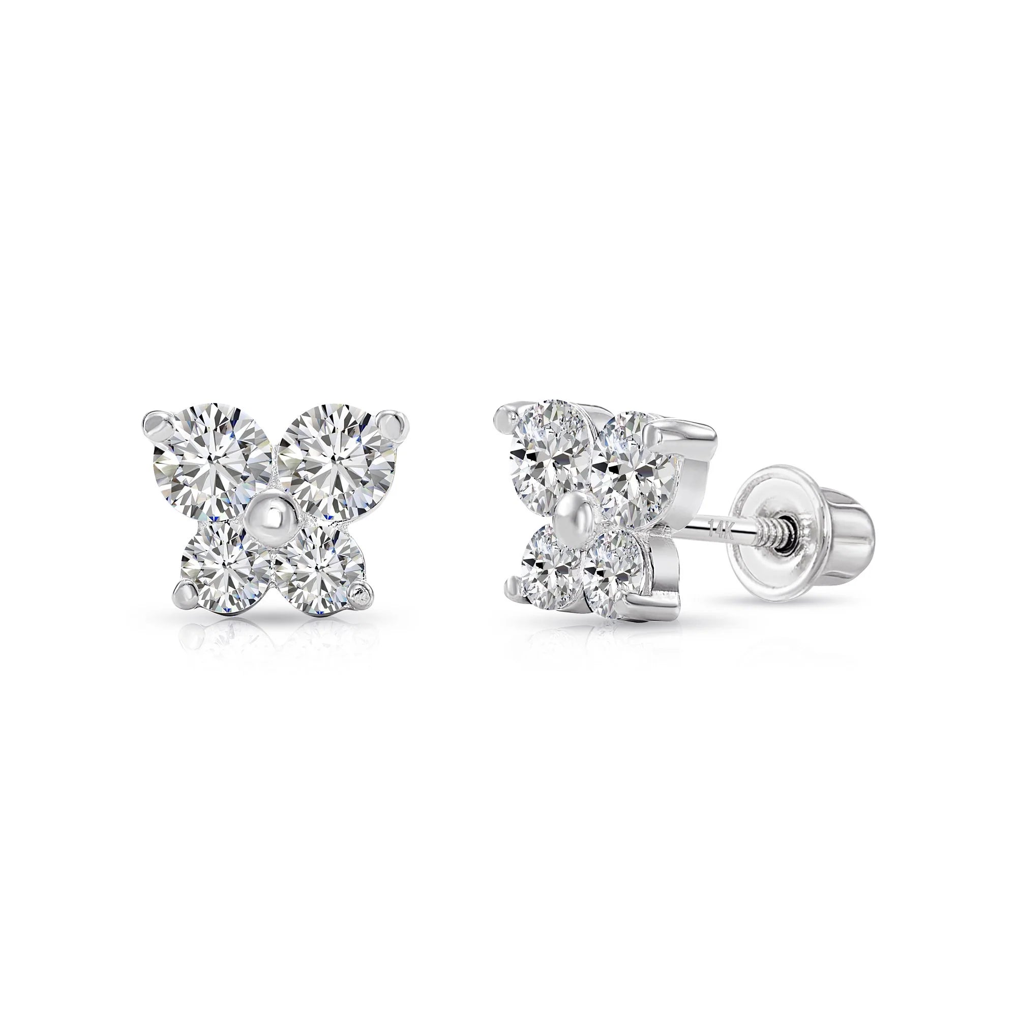 14K Solid Gold Butterfly CZ Stud Earrings, with Secure Screw-Backs