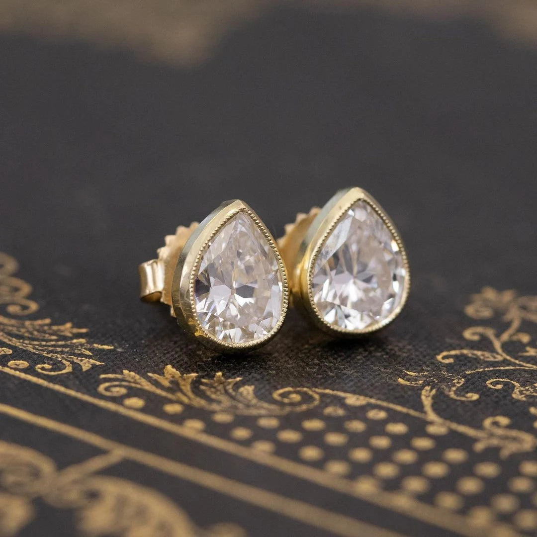 Tear Drop Pear Cut 2CTW Simulated Diamond Earrings Bezel Set, 14K Yellow Gold Earrings Women'S, Moissanite Earrings Push Backs, Gift for Her