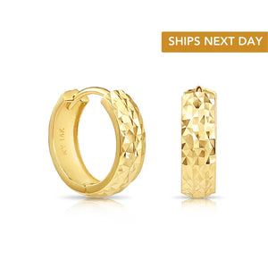 Dainty Handmade 14K Yellow Gold Hand-Engraved Huggie Earrings - 13mm (0.5 Inch).