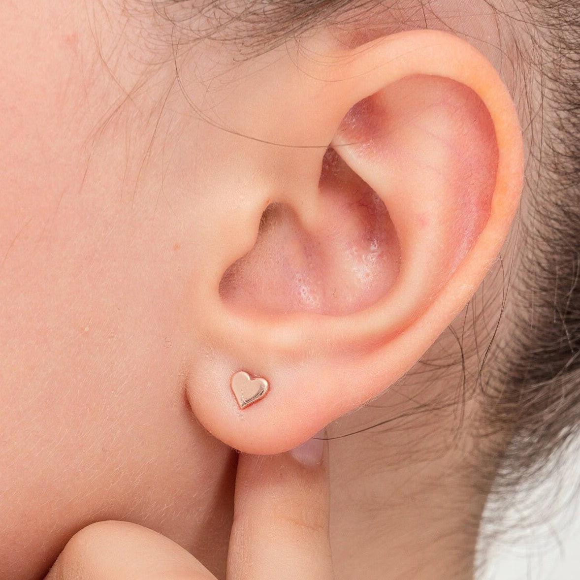 Dainty 925 Sterling Silver & 14K Gold Small Heart Stud Earrings - Perfect Gift of Luck!.