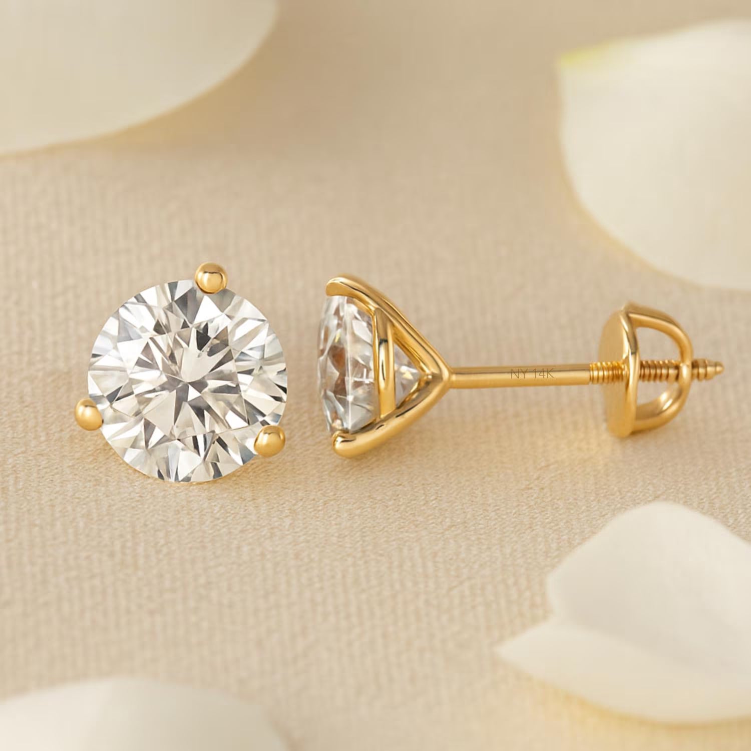 14K Yellow Gold Lab Diamond Stud Earrings, CVD Brilliant-Cut Diamond Studs, Martini 3-Prong Set Studs, with Secure Screwbacks, by TILO