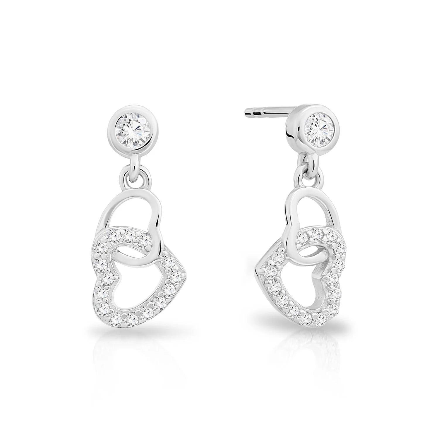Sparkling CZ Double Heart Dangle Stud Earrings in Elegant Sterling Silver.