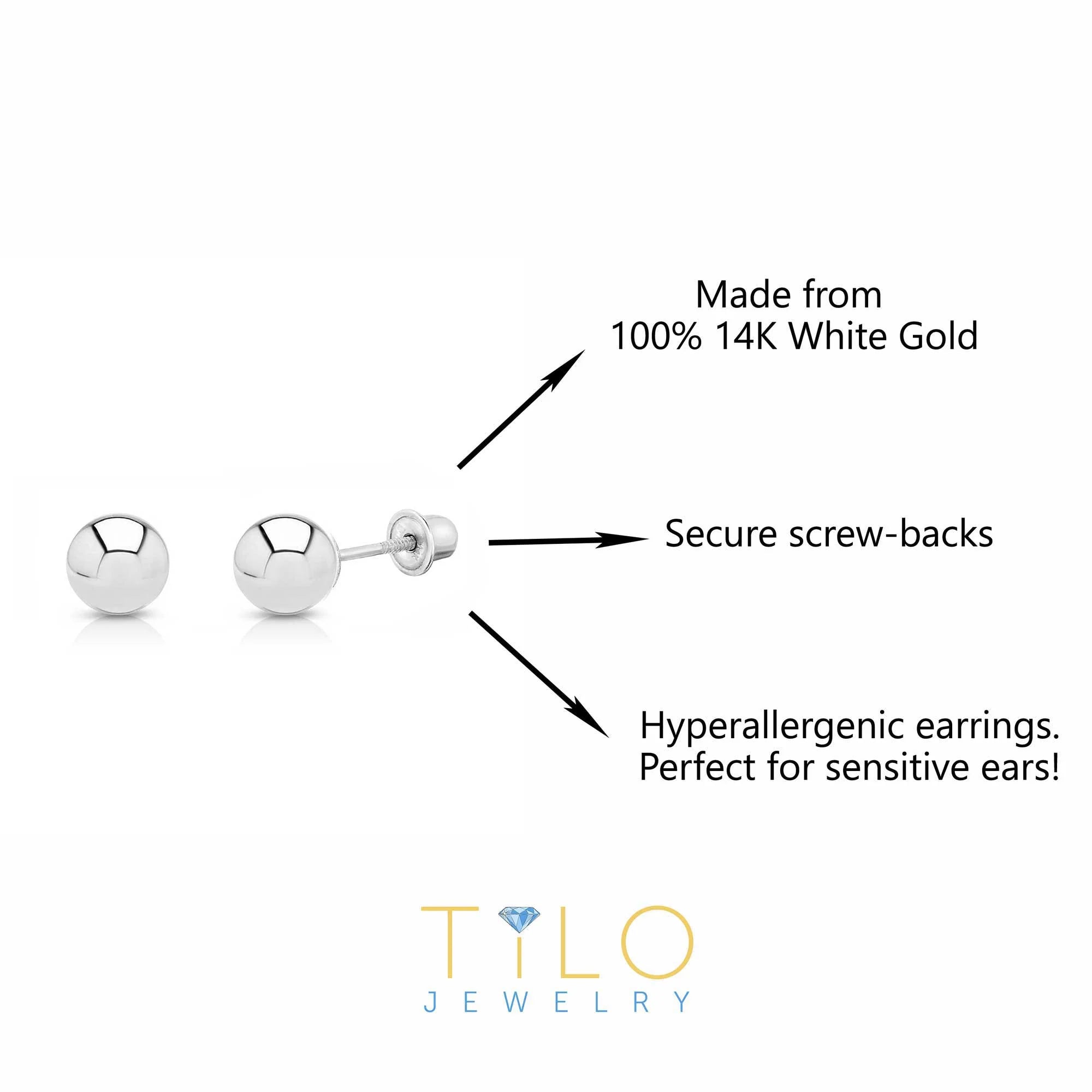 Bundle SET of 3! 14K White Gold Ball Stud Earrings with Screw Backings, Unisex