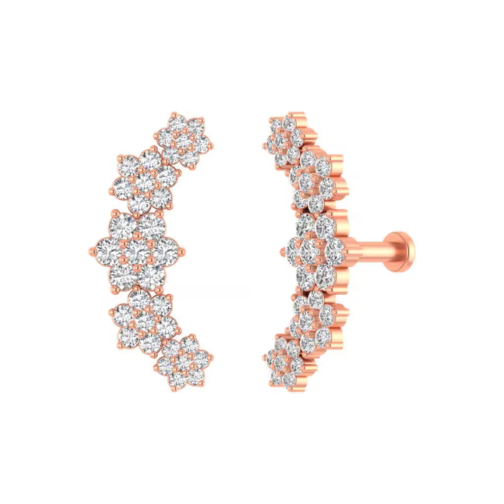 14K Gold Diamond Flower Ear Climber Earrings