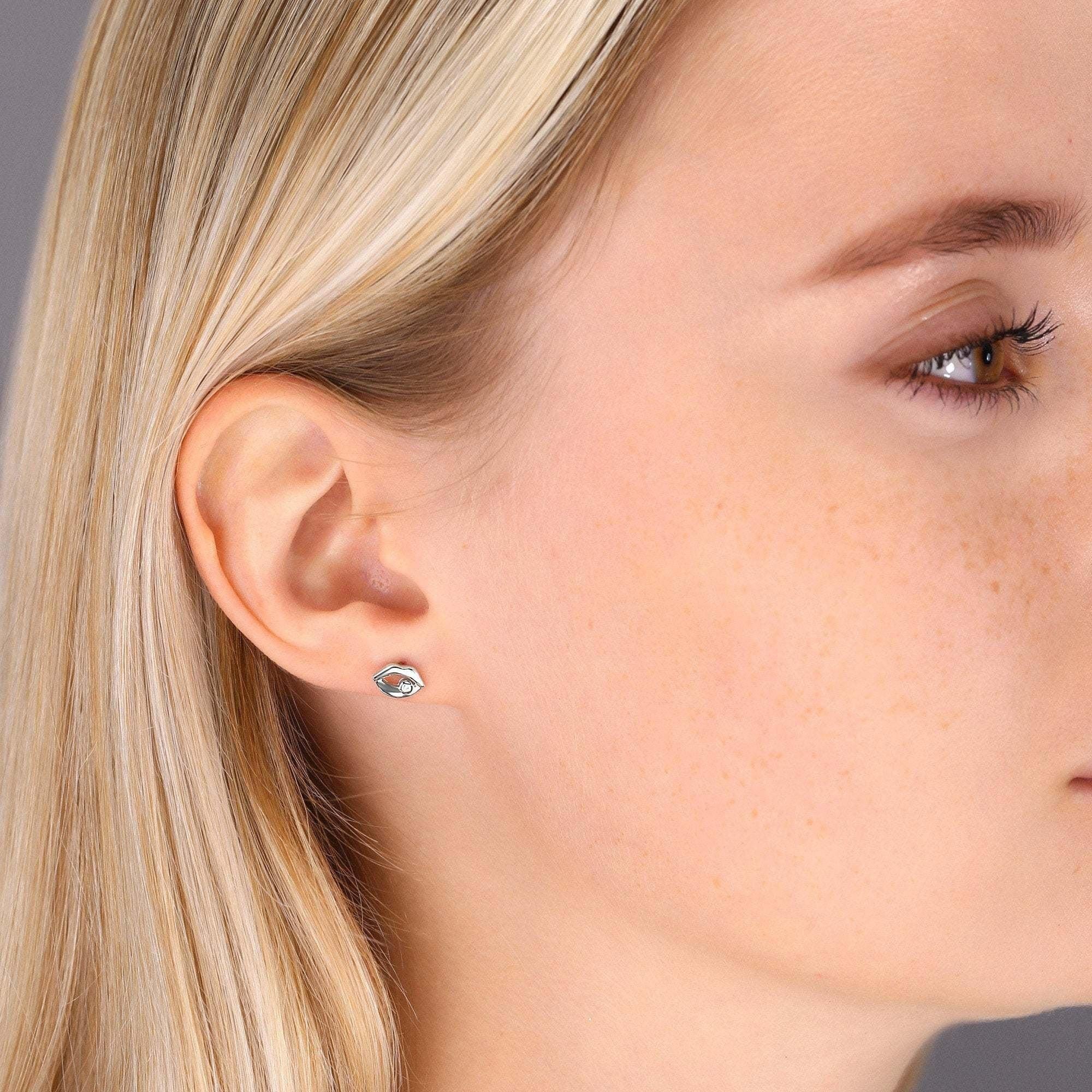 Sterling Silver CZ Lip Stud Earrings - Elegant and Chic Statement Jewelry.