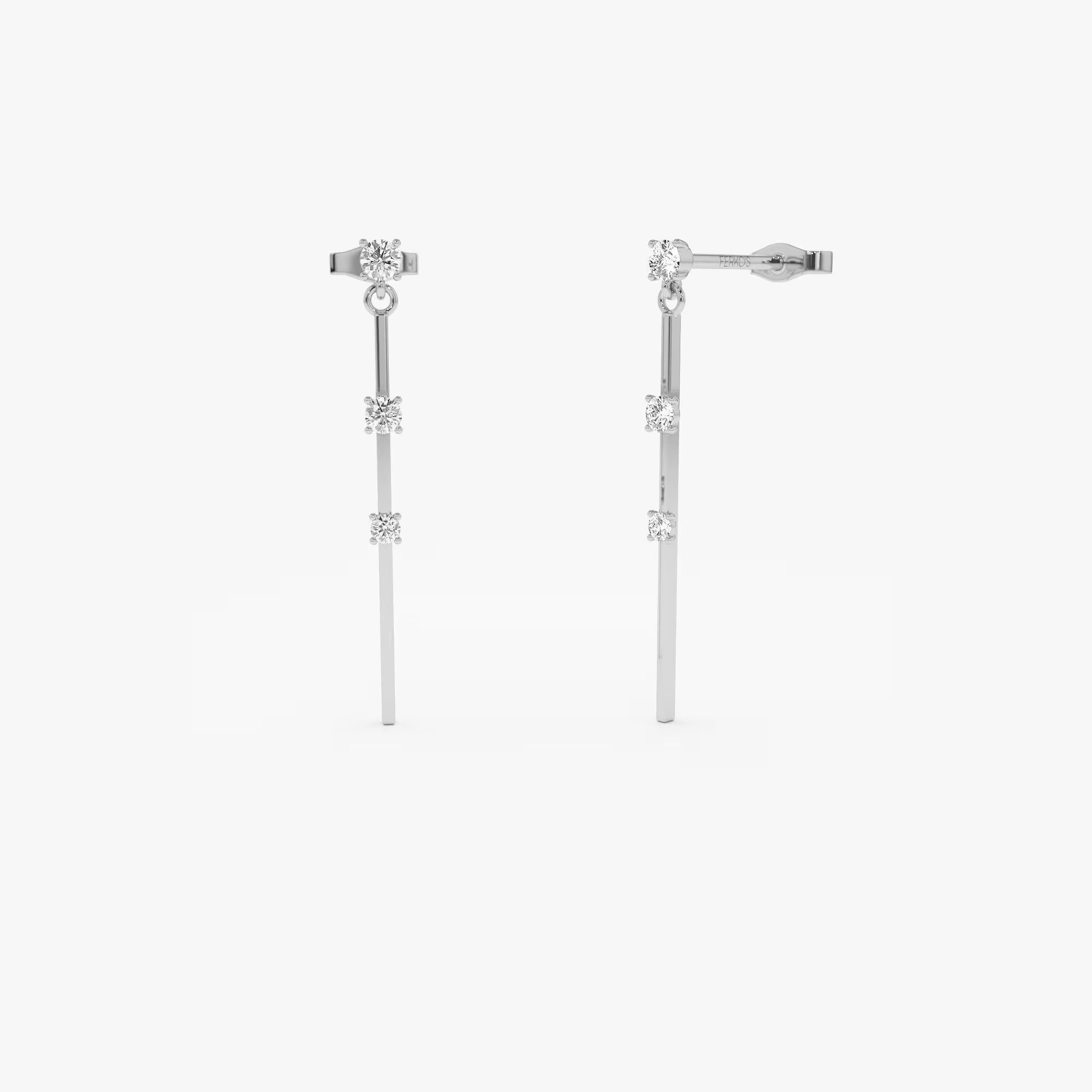 Gold Linear Bar Triple Diamond Drop Earrings, 14K Gold Bar Earrings, 0.28 Ctw Diamond Station Dangle Earrings, Trendy Earring Gift for Her