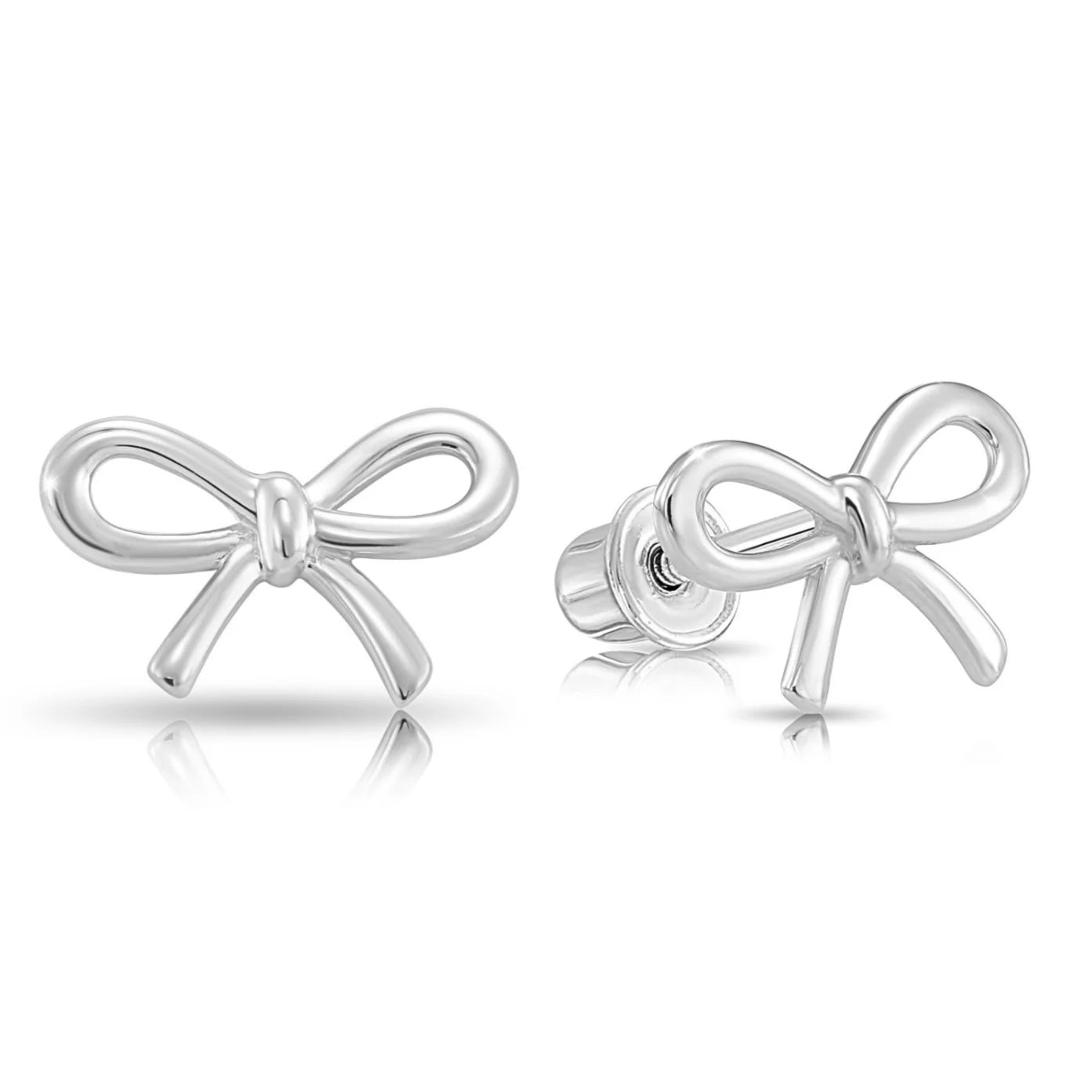 14K Solid White Gold Ribbon Bow Stud Earrings, with Secure Screw-Backs
