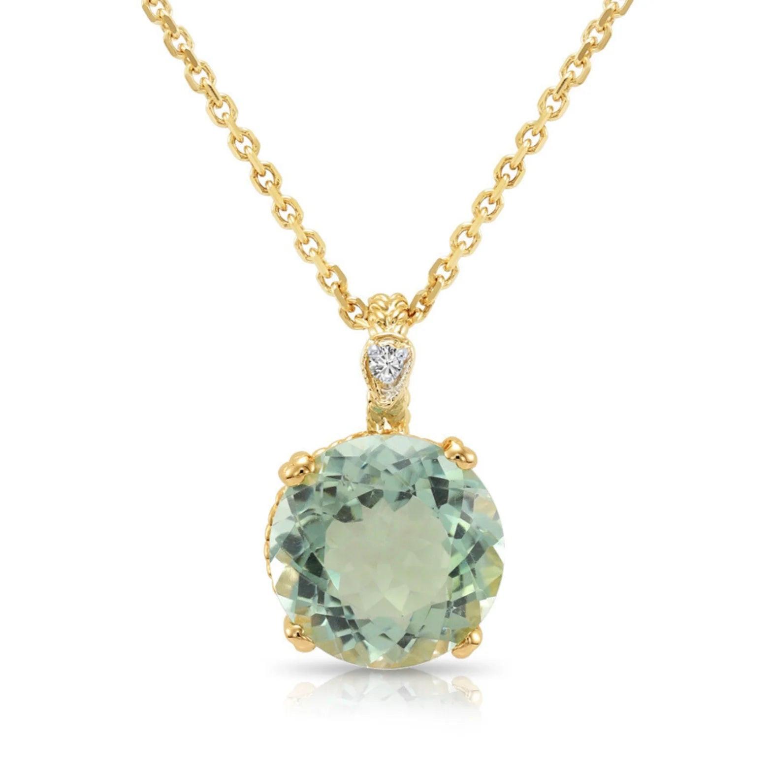 Elegant 14K Yellow Gold Green Amethyst & Diamond Pendant Necklace.