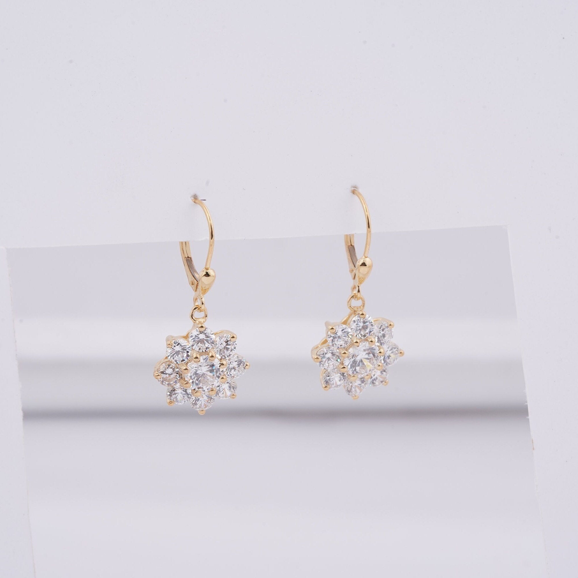 GRA Moissanite Flower Earrings, 14K Gold Plated Sterling Silver Lever Back Drop