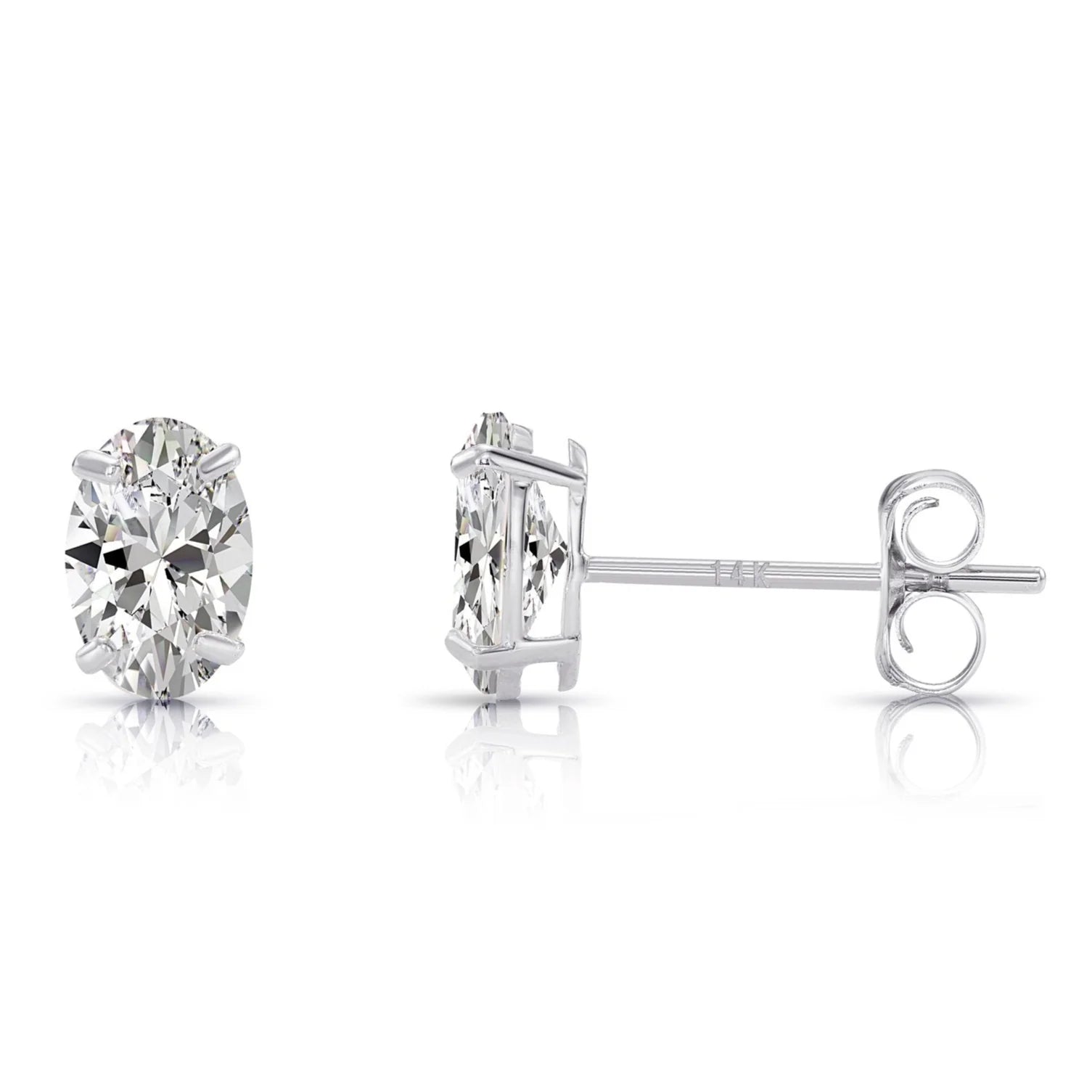 14K Solid Gold Basket Set Oval CZ Stud Earrings, with Pushbacks