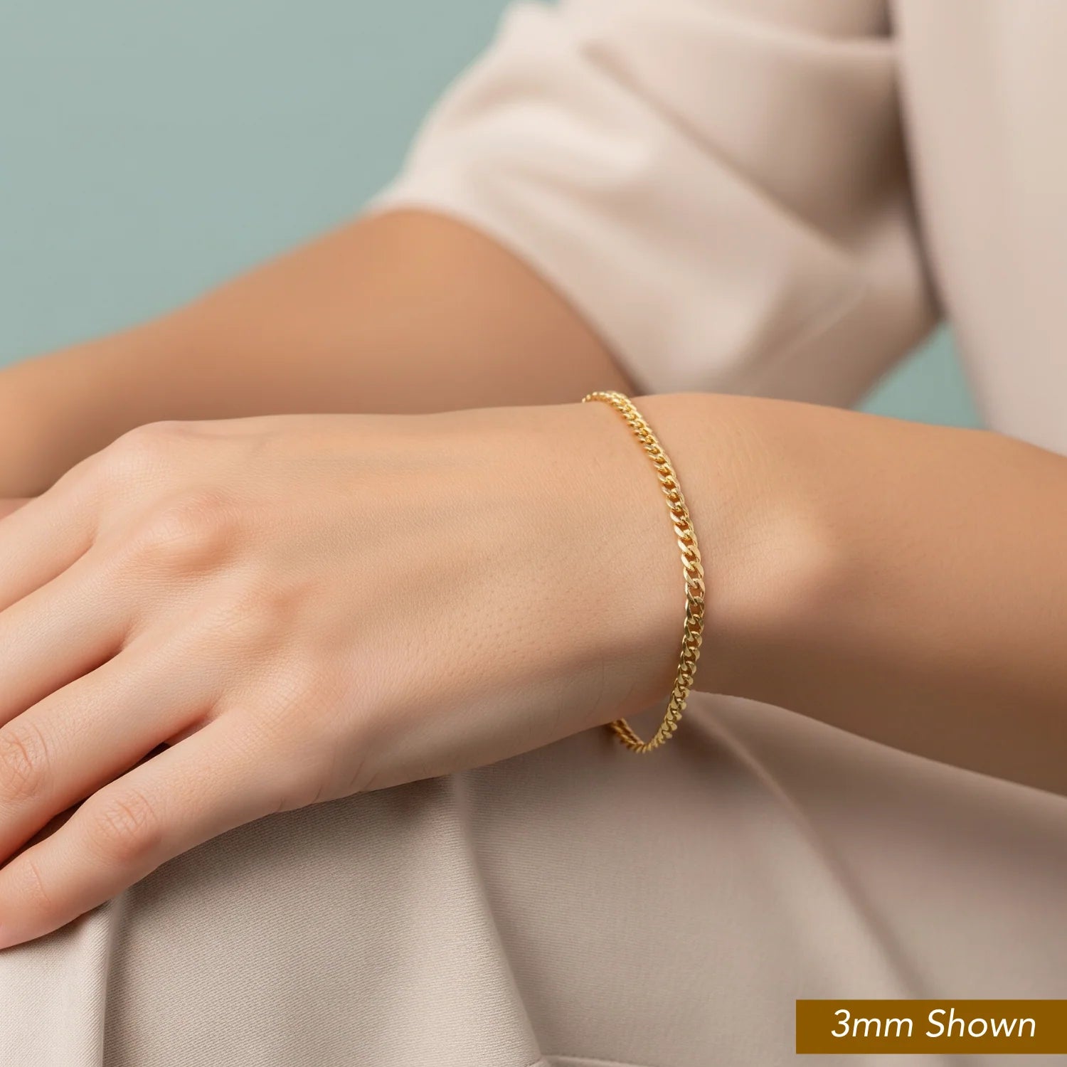 14K Solid Yellow Gold Curb Link Chain Bracelet, 7 Inches