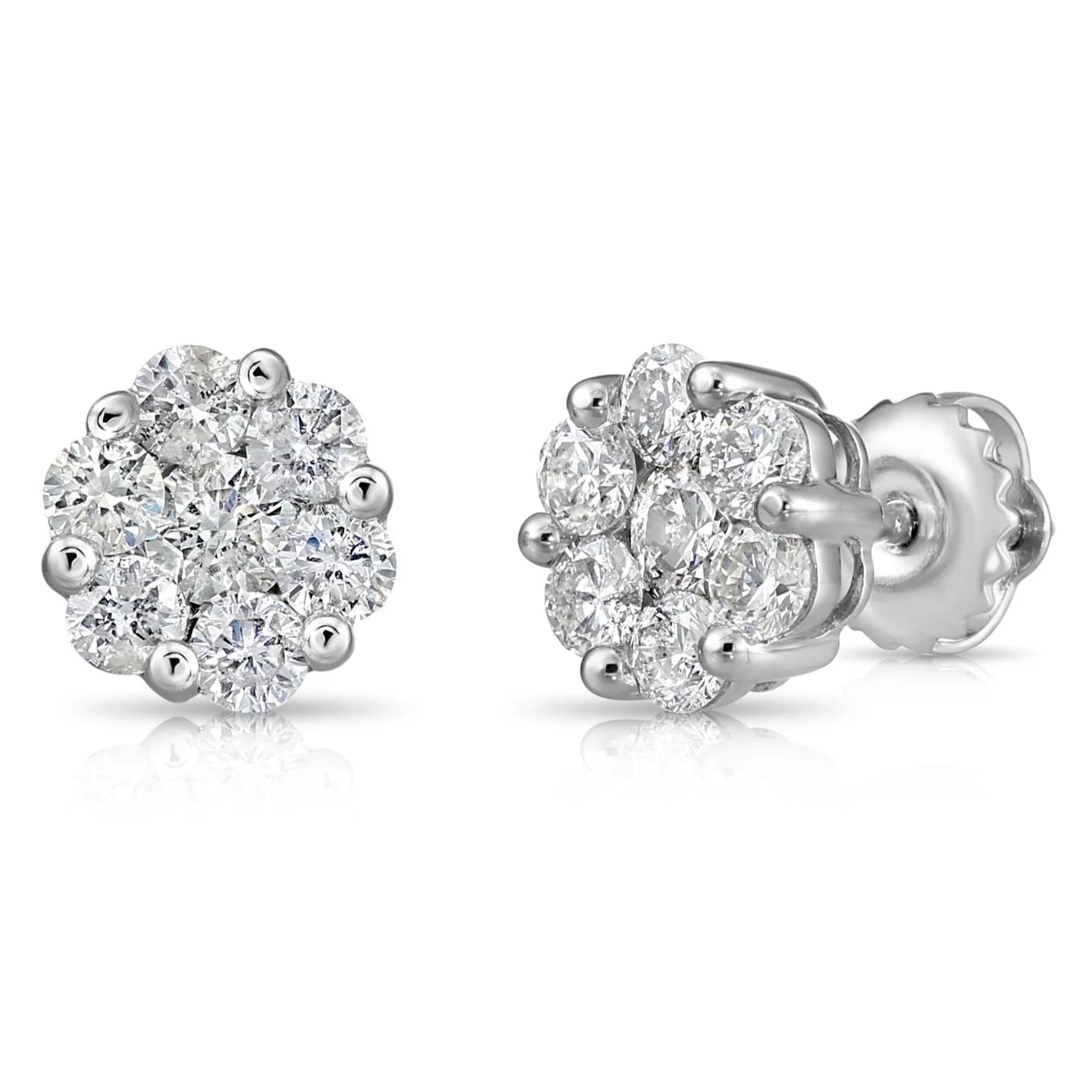 14K White Gold Diamond Cluster Stud Earring with Screw-Back, 1.00 Carats
