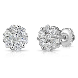 14K White Gold Diamond Cluster Stud Earring with Screw-Back, 1.00 Carats