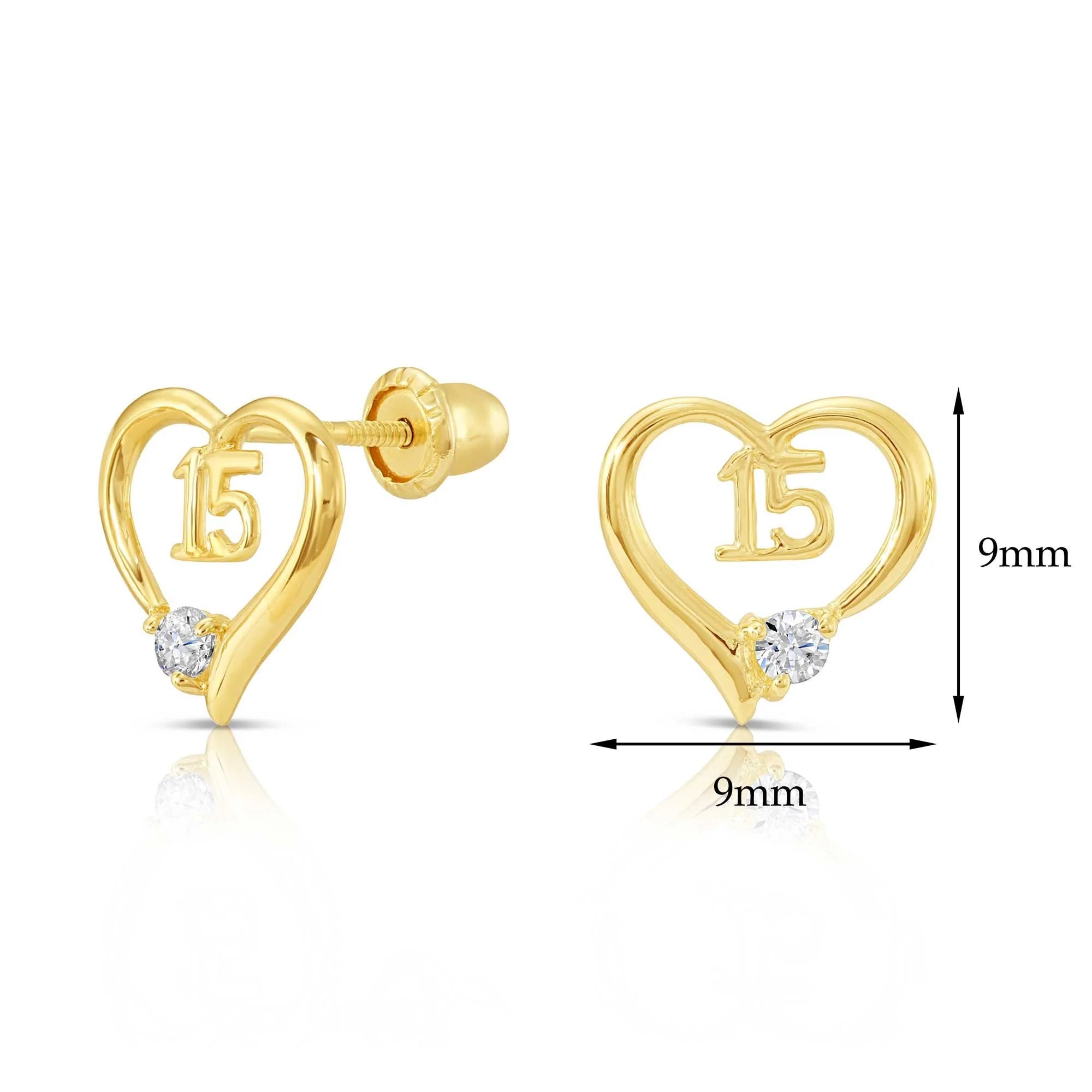 10K Gold 15Th Birthday Heart Stud Earrings
