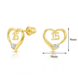 10K Gold 15Th Birthday Heart Stud Earrings