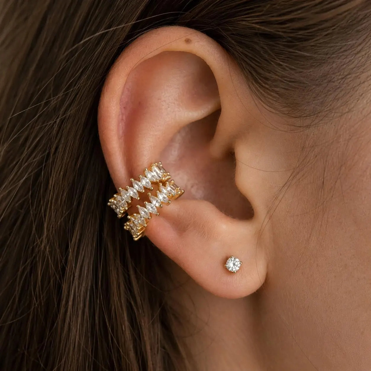 Genuine Earcuff in 925 Sterling Silver ∙ CZ Horse Eye Gold Cuff ∙ Pave Shinny Cuffs ∙ Cartilage Ring U-Shaped Trendy